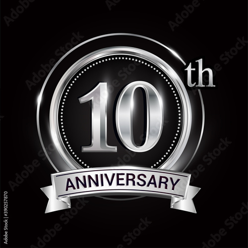Obraz na płótnie 10th silver anniversary logo with ribbon and ring w salonie