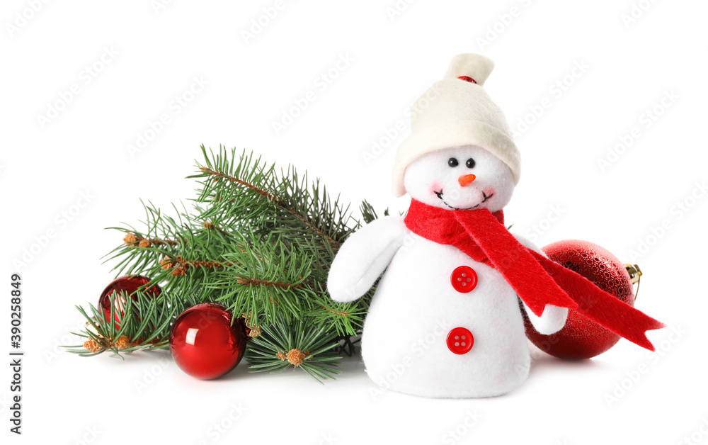 Cute snowman toy, fir tree and red Christmas balls on white background