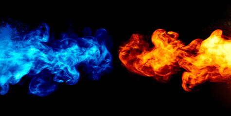 Biue and red fire over black background