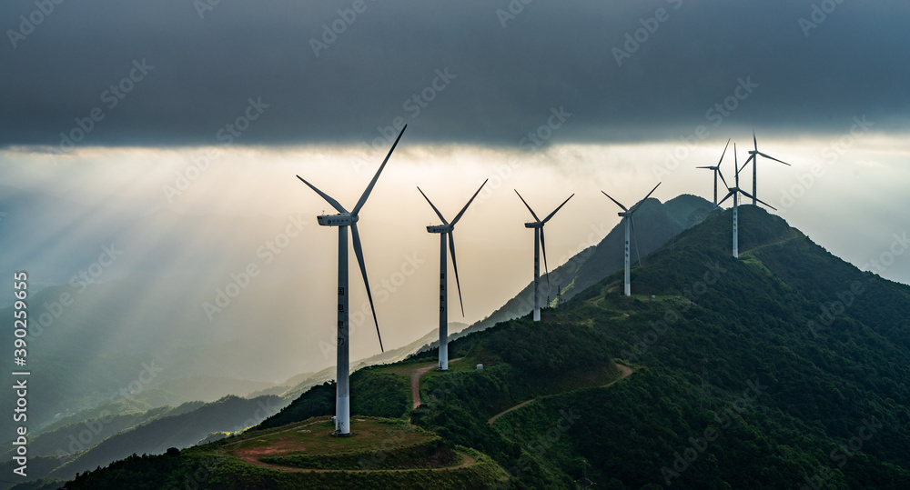 The view of Dingdal and windmills at sunrise at Gia Mountain, Heyuan, Guangdong