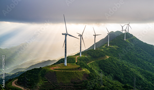 The view of Dingdal and windmills at sunrise at Gia Mountain, Heyuan, Guangdong