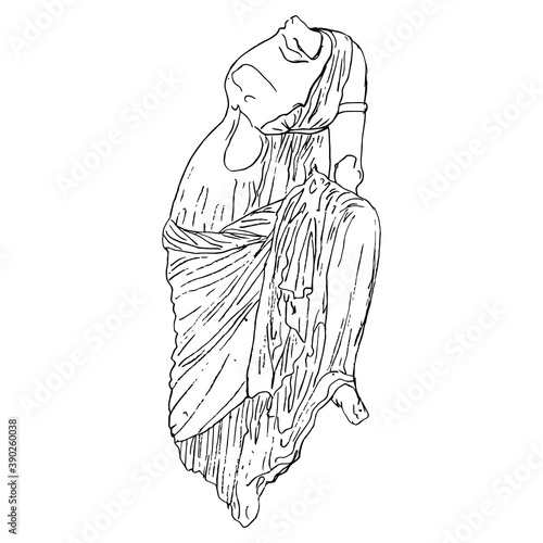 Damaged antique sculpture of a goddess. Ancient Greek beheaded female figure in long dress. Aphrodite or Venus. Black and white linear silhouette. Hand drawn sketch.