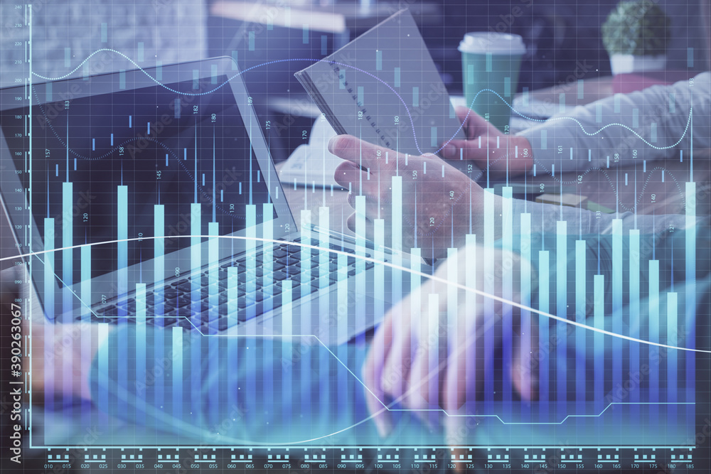 Double exposure of man and woman working together and forex chart hologram. Business concept. Computer background. Double exposure of man and woman working together and forex chart hologram. Business concept. Computer background.