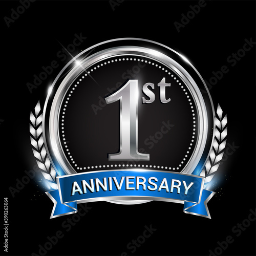 1st anniversary logo with silver ring combination blue ribbon and laurel wreath. birthday vector template for celebration, party, wedding, invitation and greeting card