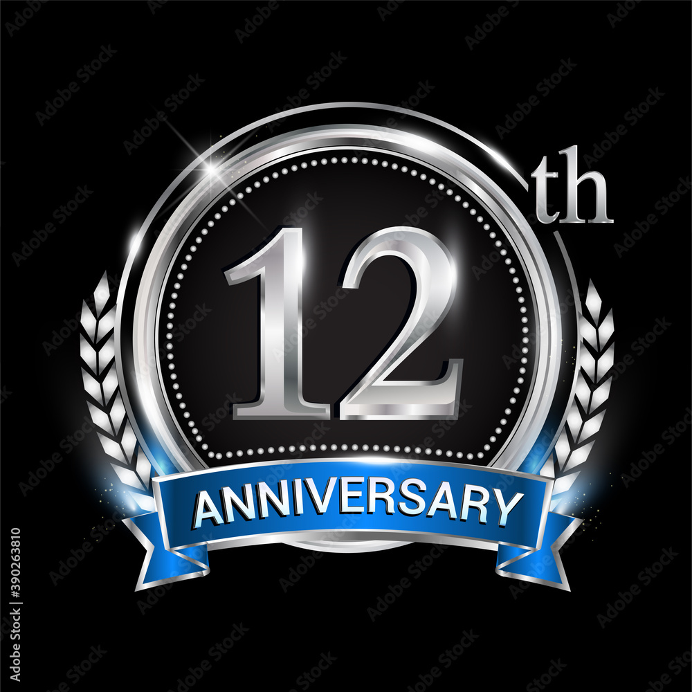 12th anniversary logo with silver ring combination blue ribbon and laurel wreath. birthday vector template for celebration, party, wedding, invitation and greeting card 12th anniversary logo with silver ring combination blue ribbon and laurel wreath. birthday vector template for celebration, party, wedding, invitation and greeting card