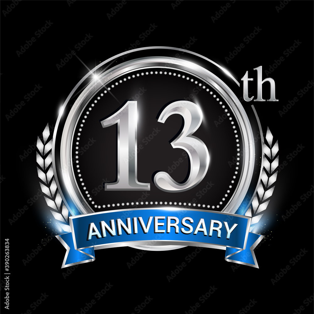 13th anniversary logo with silver ring combination blue ribbon and laurel wreath. birthday vector template for celebration, party, wedding, invitation and greeting card 13th anniversary logo with silver ring combination blue ribbon and laurel wreath. birthday vector template for celebration, party, wedding, invitation and greeting card
