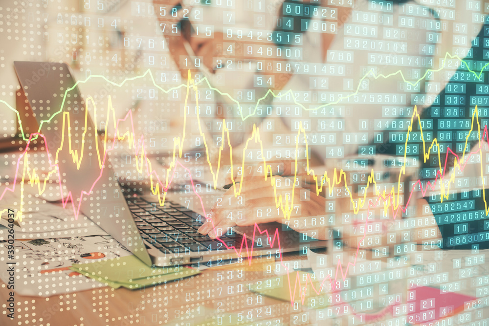 Multi exposure of woman hands typing on computer and forex chart hologram drawing. Stock market analysis concept. Multi exposure of woman hands typing on computer and forex chart hologram drawing. Stock market analysis concept.