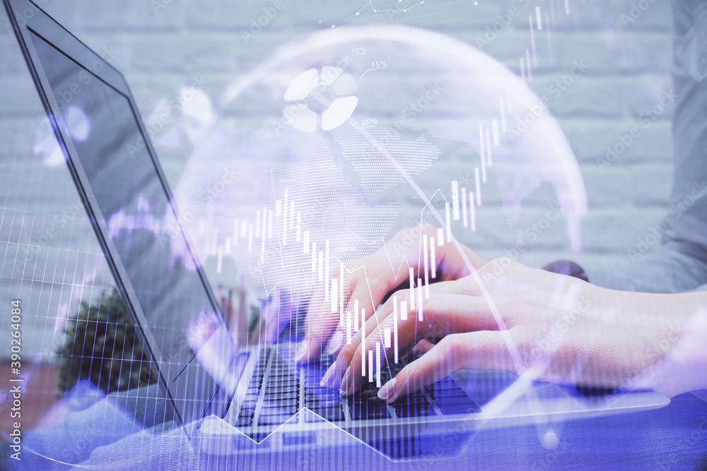 Multi exposure of woman hands typing on computer and forex chart hologram drawing. Stock market analysis concept. Multi exposure of woman hands typing on computer and forex chart hologram drawing. Stock market analysis concept.