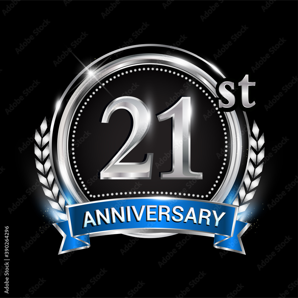 21st anniversary logo with silver ring combination blue ribbon and laurel wreath. birthday vector template for celebration, party, wedding, invitation and greeting card 21st anniversary logo with silver ring combination blue ribbon and laurel wreath. birthday vector template for celebration, party, wedding, invitation and greeting card