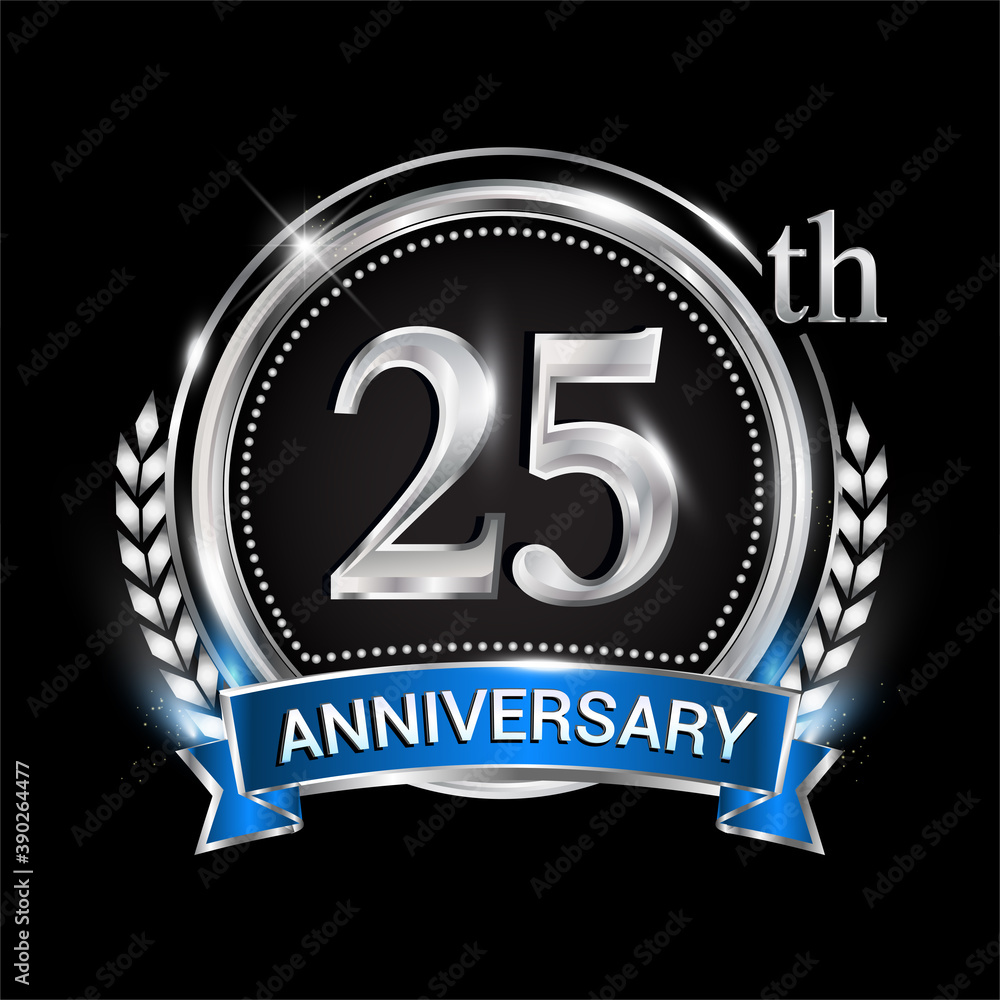 25th anniversary logo with silver ring combination blue ribbon and laurel wreath. birthday vector template for celebration, party, wedding, invitation and greeting card
