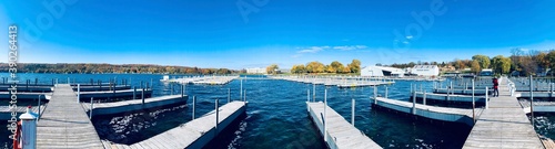 Marina panorama on Keuka Lake in Penn Yan, Finger Lakes region, New York. Amazing natural beauty. Late autumn season, so sailing season just ended