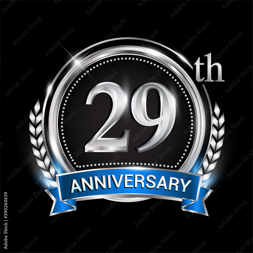 29th anniversary logo with silver ring combination blue ribbon and laurel wreath. birthday vector template for celebration, party, wedding, invitation and greeting card 29th anniversary logo with silver ring combination blue ribbon and laurel wreath. birthday vector template for celebration, party, wedding, invitation and greeting card