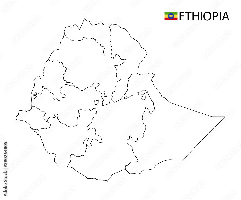 Ethiopia map, black and white detailed outline regions of the country. Vector illustration