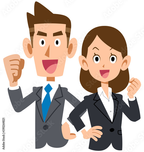 背中合わせでガッツポーズする若い男女のビジネスパーソン　上半身
