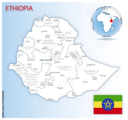 Detailed map of Ethiopia administrative divisions with country flag and location on the globe. Vector illustration