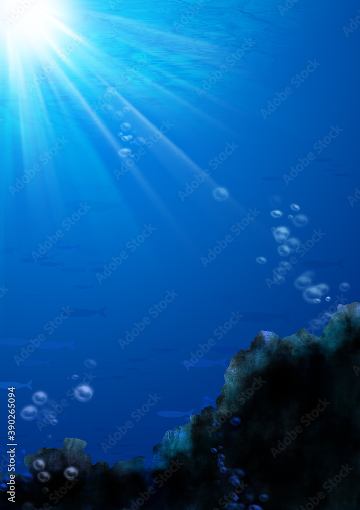 Fototapeta premium 水の中で泳ぐ魚と泡のイラスト