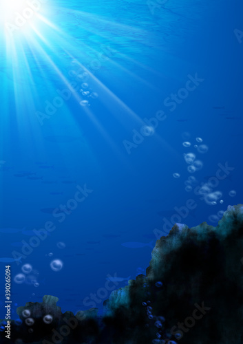 Fototapeta Naklejka Na Ścianę i Meble -  水の中で泳ぐ魚と泡のイラスト