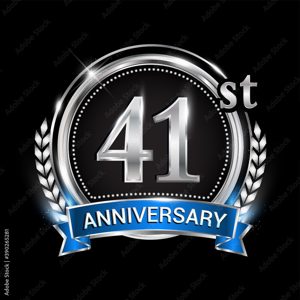 41st anniversary logo with silver ring combination blue ribbon and laurel wreath. birthday vector template for celebration, party, wedding, invitation and greeting card 41st anniversary logo with silver ring combination blue ribbon and laurel wreath. birthday vector template for celebration, party, wedding, invitation and greeting card