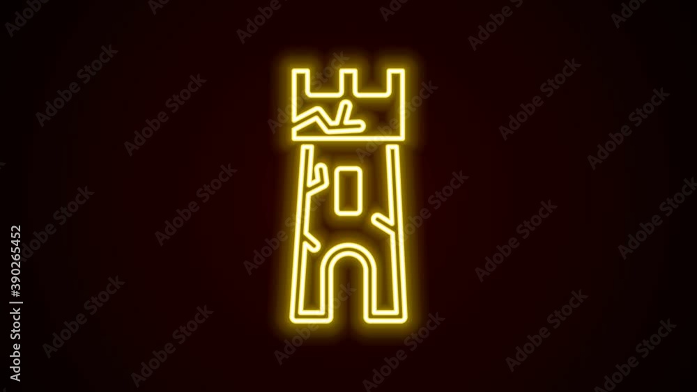 Glowing neon line Castle tower icon isolated on black background. Fortress sign. 4K Video motion graphic animation Glowing neon line Castle tower icon isolated on black background. Fortress sign. 4K Video motion graphic animation