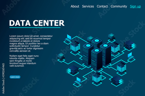 Data center, cloud database, Concept of big data processing center, hosting server or data center room concept.  vector illustration