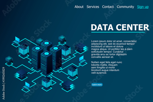 Data center, cloud database, Concept of big data processing center, hosting server or data center room concept.  vector illustration