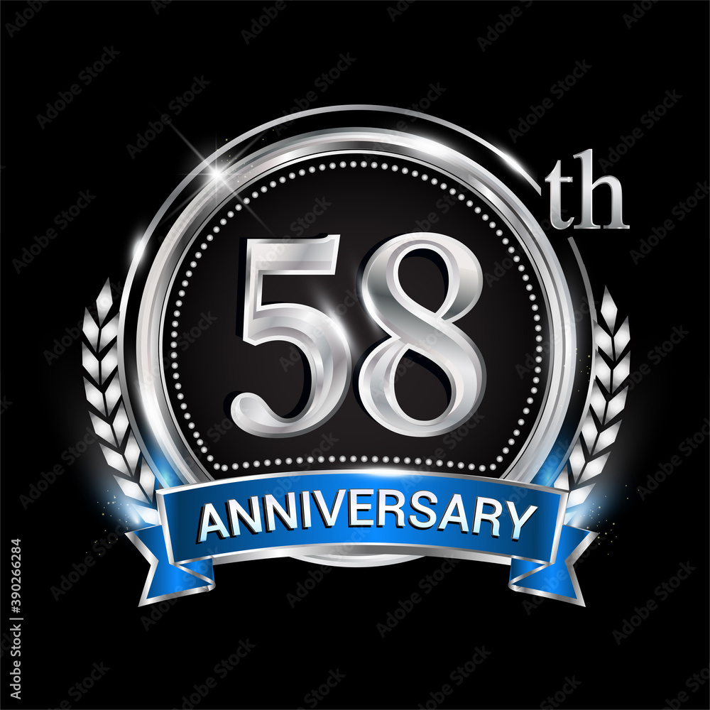 58th anniversary logo with silver ring combination blue ribbon and laurel wreath. birthday vector template for celebration, party, wedding, invitation and greeting card 58th anniversary logo with silver ring combination blue ribbon and laurel wreath. birthday vector template for celebration, party, wedding, invitation and greeting card