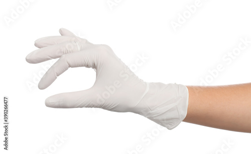 Doctor in medical gloves showing OK gesture on white background, closeup