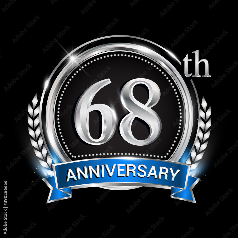 68th anniversary logo with silver ring combination blue ribbon and laurel wreath. birthday vector template for celebration, party, wedding, invitation and greeting card 68th anniversary logo with silver ring combination blue ribbon and laurel wreath. birthday vector template for celebration, party, wedding, invitation and greeting card