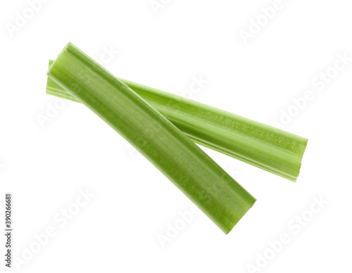 Fresh green celery sticks isolated on white, top view