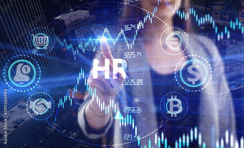 Business, Technology, Internet and network concept. Young businessman working on a virtual screen of the future and sees the inscription: HR Business, Technology, Internet and network concept. Young businessman working on a virtual screen of the future and sees the inscription: HR