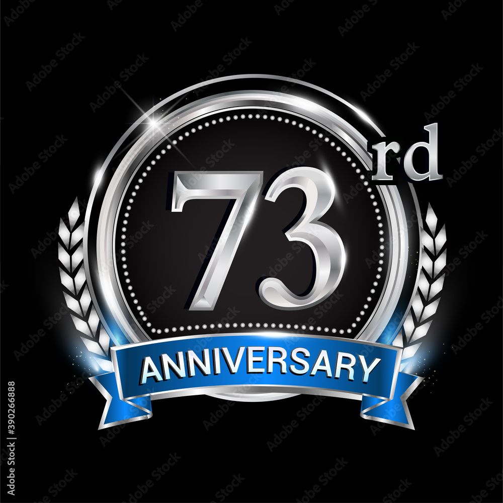 73rd anniversary logo with silver ring combination blue ribbon and laurel wreath. birthday vector template for celebration, party, wedding, invitation and greeting card 73rd anniversary logo with silver ring combination blue ribbon and laurel wreath. birthday vector template for celebration, party, wedding, invitation and greeting card