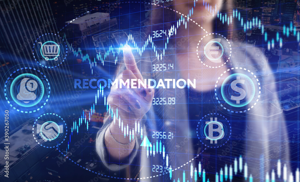 Business, Technology, Internet and network concept. Young businessman working on a virtual screen of the future and sees the inscription: Recommendation Business, Technology, Internet and network concept. Young businessman working on a virtual screen of the future and sees the inscription: Recommendation