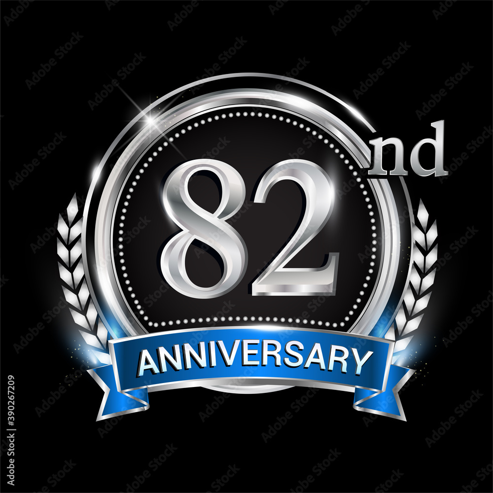 82nd anniversary logo with silver ring combination blue ribbon and laurel wreath. birthday vector template for celebration, party, wedding, invitation and greeting card 82nd anniversary logo with silver ring combination blue ribbon and laurel wreath. birthday vector template for celebration, party, wedding, invitation and greeting card