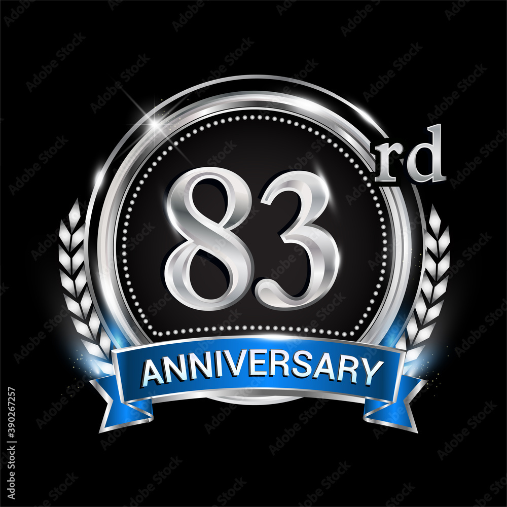 83rd anniversary logo with silver ring combination blue ribbon and laurel wreath. birthday vector template for celebration, party, wedding, invitation and greeting card 83rd anniversary logo with silver ring combination blue ribbon and laurel wreath. birthday vector template for celebration, party, wedding, invitation and greeting card