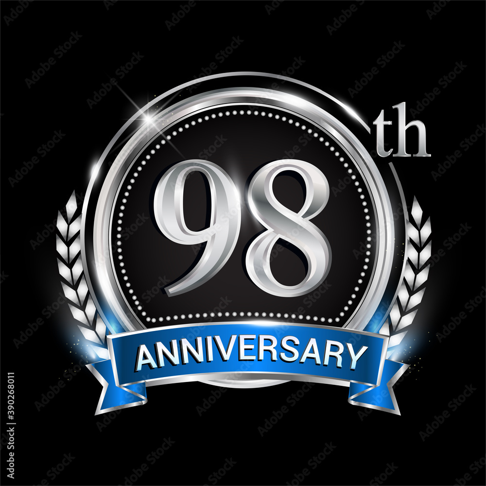 98th anniversary logo with silver ring combination blue ribbon and laurel wreath. birthday vector template for celebration, party, wedding, invitation and greeting card 98th anniversary logo with silver ring combination blue ribbon and laurel wreath. birthday vector template for celebration, party, wedding, invitation and greeting card