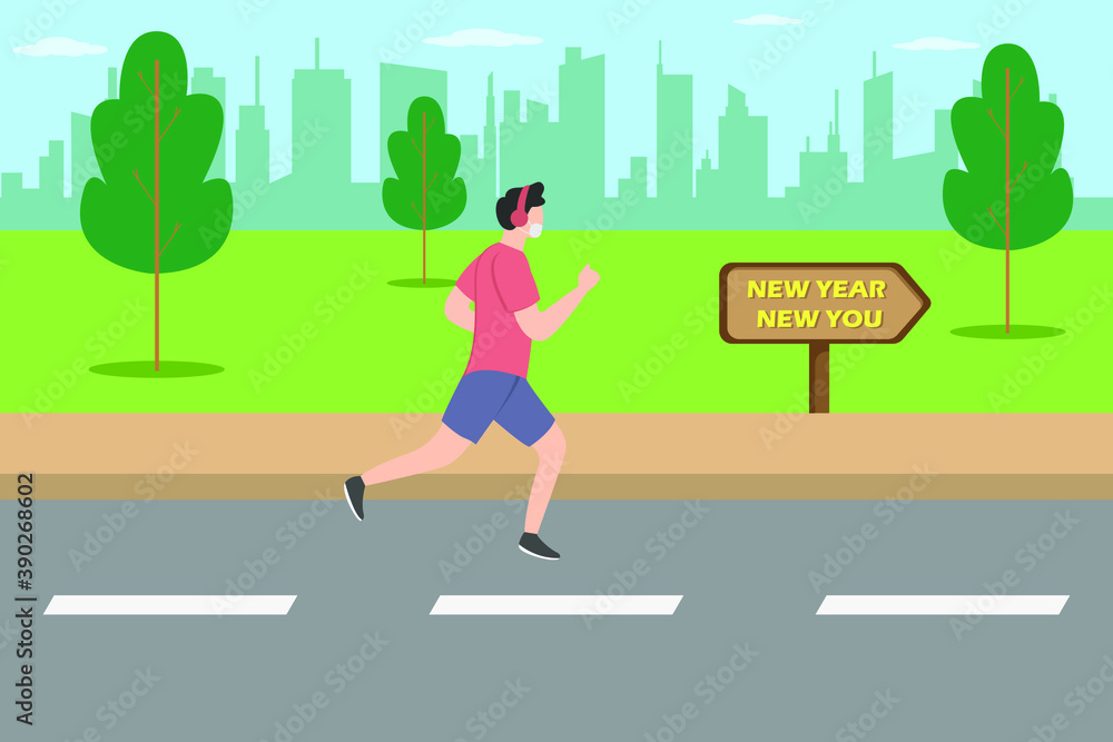 New year vector concept: Young man jogging with new year new you text on the signboard while listening the music New year vector concept: Young man jogging with new year new you text on the signboard while listening the music