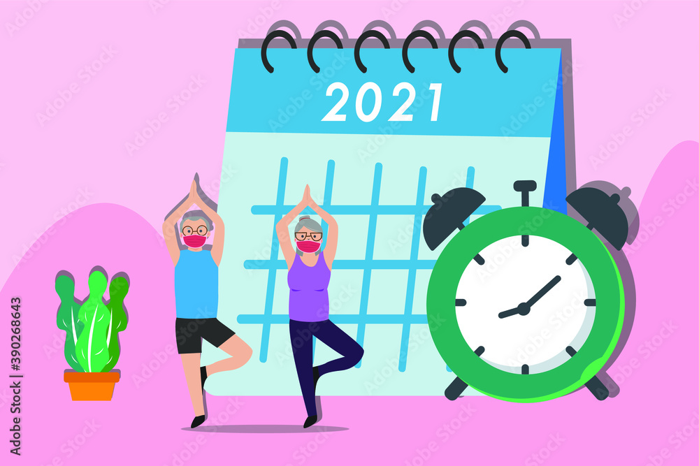 Obraz premium New Year Exercise Resolution vector concept: Senior couple in face mask doing yoga exercise with alarm clock and calendar of 2021 background