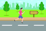 New year vector concept: Young man jogging with new year new you text on the signboard while listening the music