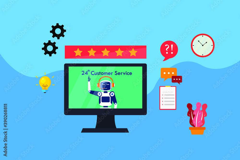 Artificial intelligence vector concept: Robot customer service operator with headset on the computer monitor Artificial intelligence vector concept: Robot customer service operator with headset on the computer monitor