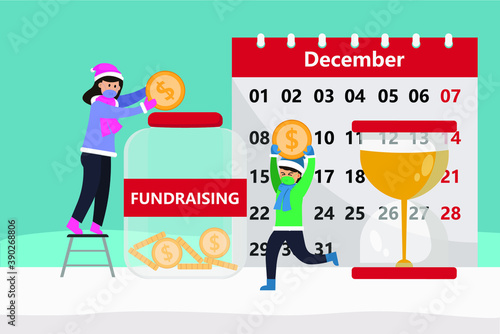 Fundraising vector concept: Young mother and her son saving money together for fundraising with calendar and hourglass