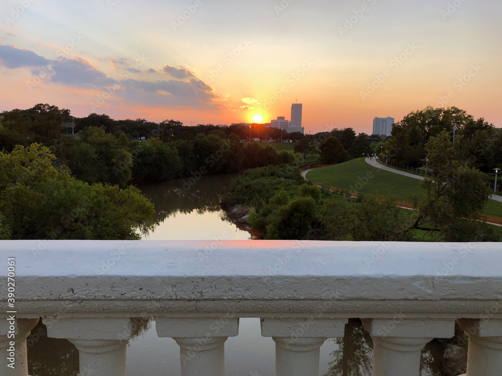 Overlooking Buffalo Bayou in Houston Texas on a summer sunset Stock
