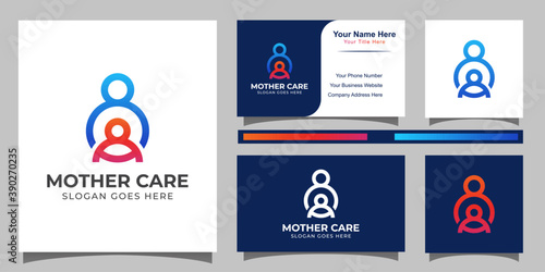 mother or father care with son line art style logo and business card design template