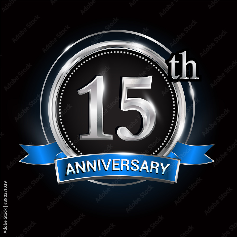 Celebrating 15th anniversary logo. with silver ring and blue ribbon. Celebrating 15th anniversary logo. with silver ring and blue ribbon.
