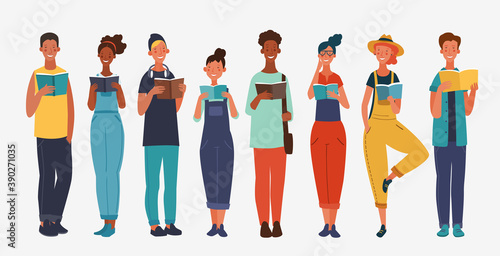 Young people reading books. Back to school, Study, Learning, Knowledge and Education vector concept