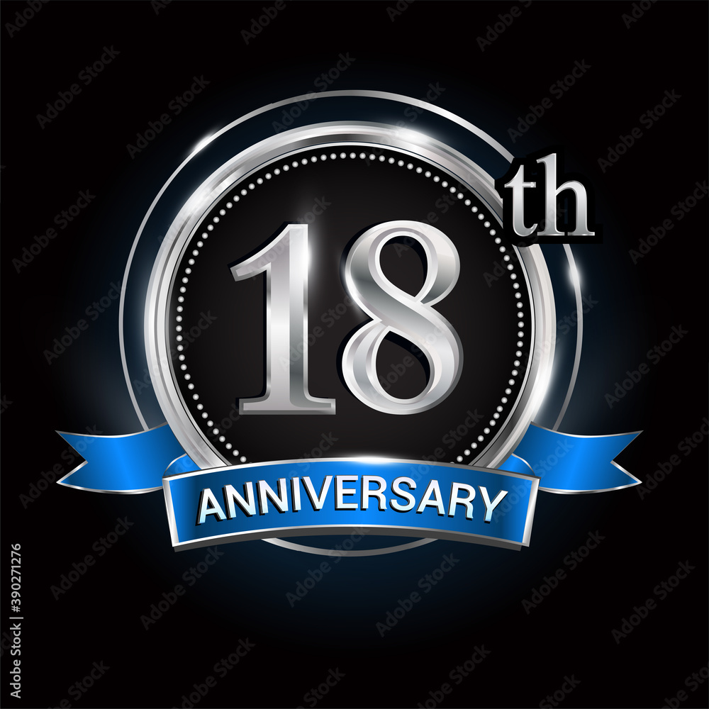 Celebrating 18th anniversary logo. with silver ring and blue ribbon.