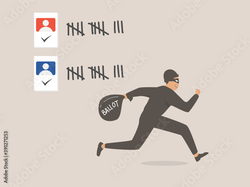 Fraud in the ballot count, a masked man steals the vote of one of the candidates, election fraud concept.