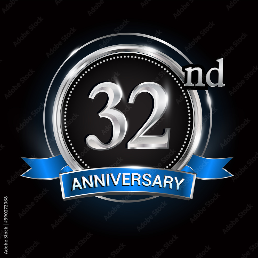 Celebrating 32nd anniversary logo. with silver ring and blue ribbon. Celebrating 32nd anniversary logo. with silver ring and blue ribbon.