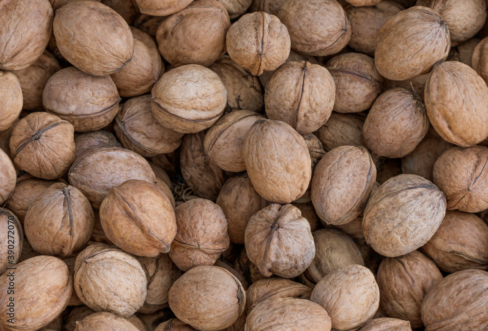 Pile of unpeeled walnuts as background Close-up Pile of unpeeled walnuts as background Close-up