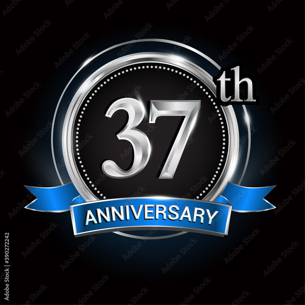 Celebrating 37th anniversary logo. with silver ring and blue ribbon. Celebrating 37th anniversary logo. with silver ring and blue ribbon.