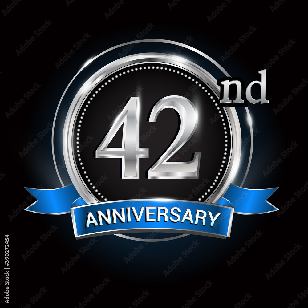 Celebrating 42nd anniversary logo. with silver ring and blue ribbon. Celebrating 42nd anniversary logo. with silver ring and blue ribbon.